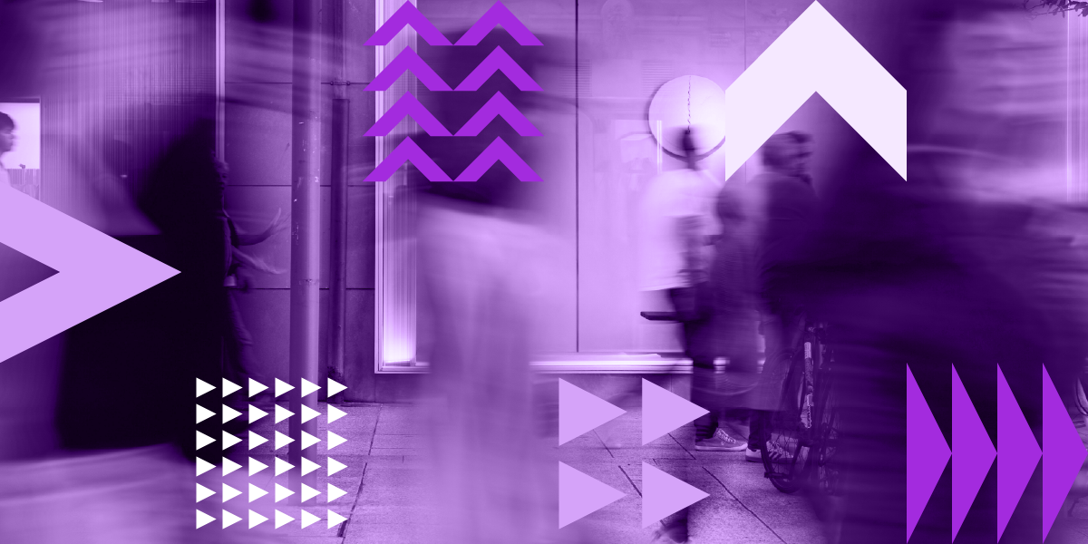 Dark purple background with lighter purple and white arrow pattern